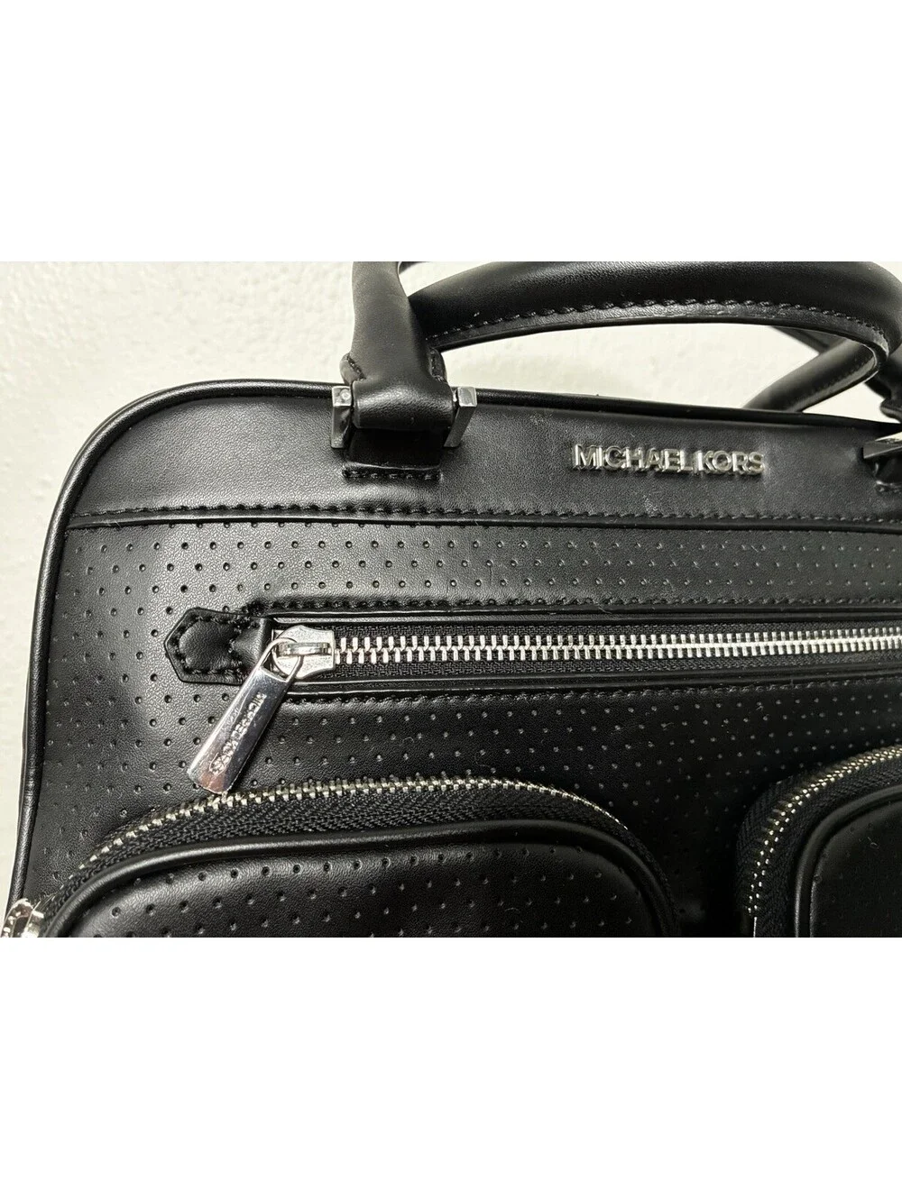 Michael Kors Hanover Black Perforated Leather Satchel Handbag Crossbody Strap